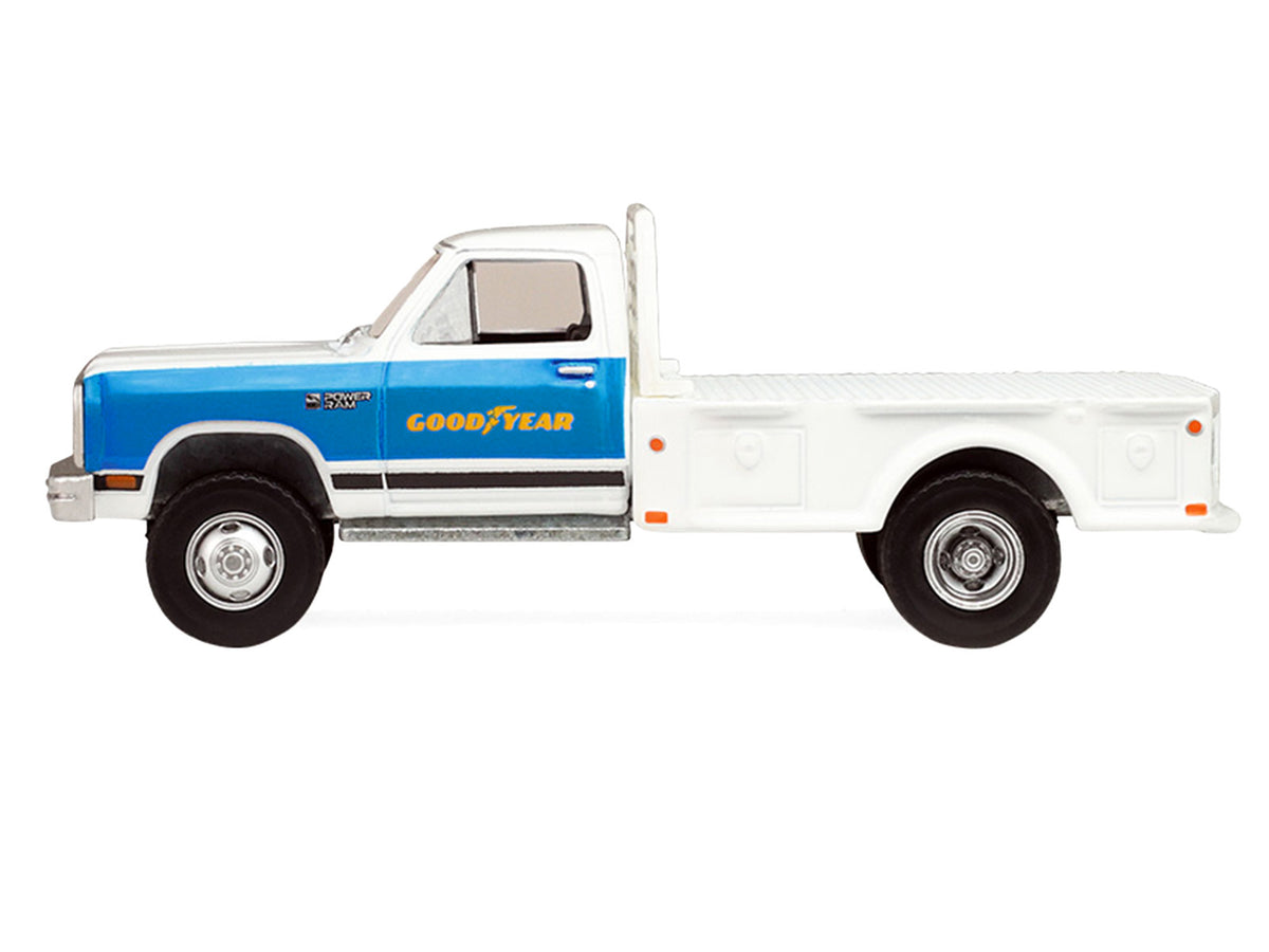 1981 Dodge Ram W350 Power Ram Dually Flatbed Truck 'Goodyear' White with Blue Sides 'Dually Drivers' Series 17 1/64 Diecast Model Car by Greenlight