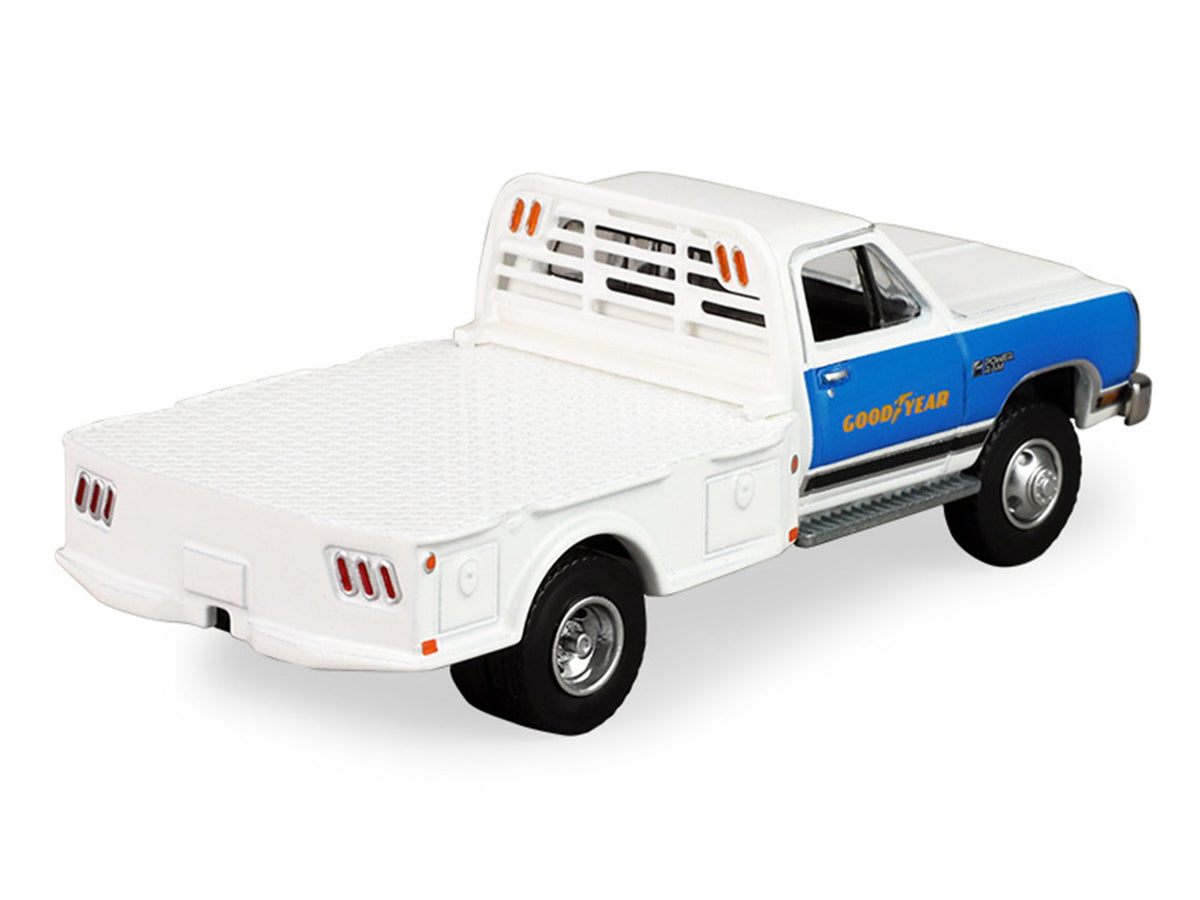 1981 Dodge Ram W350 Power Ram Dually Flatbed Truck 'Goodyear' White with Blue Sides 'Dually Drivers' Series 17 1/64 Diecast Model Car by Greenlight