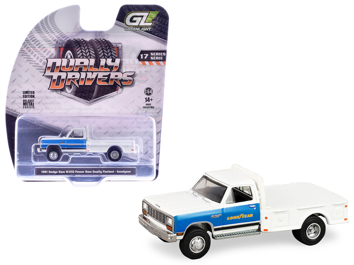 1981 Dodge Ram W350 Power Ram Dually Flatbed Truck 'Goodyear' White with Blue Sides 'Dually Drivers' Series 17 1/64 Diecast Model Car by Greenlight