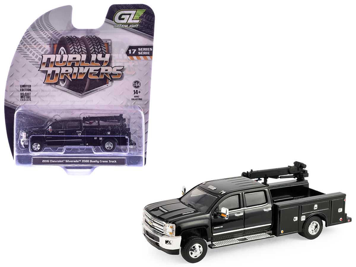 2016 Chevrolet Silverado 3500 Dually Crane Truck Black 'Dually Drivers' Series 17 1/64 Diecast Model Car by Greenlight