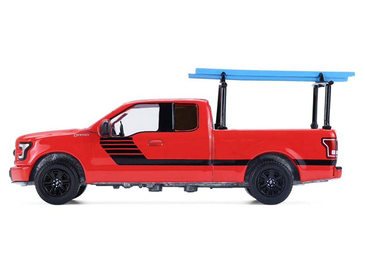 2015 Ford F-150 Pickup Truck with Ladder Rack Red with Black Stripes 'Down on the Farm' Series 11 1/64 Diecast Model by Greenlight