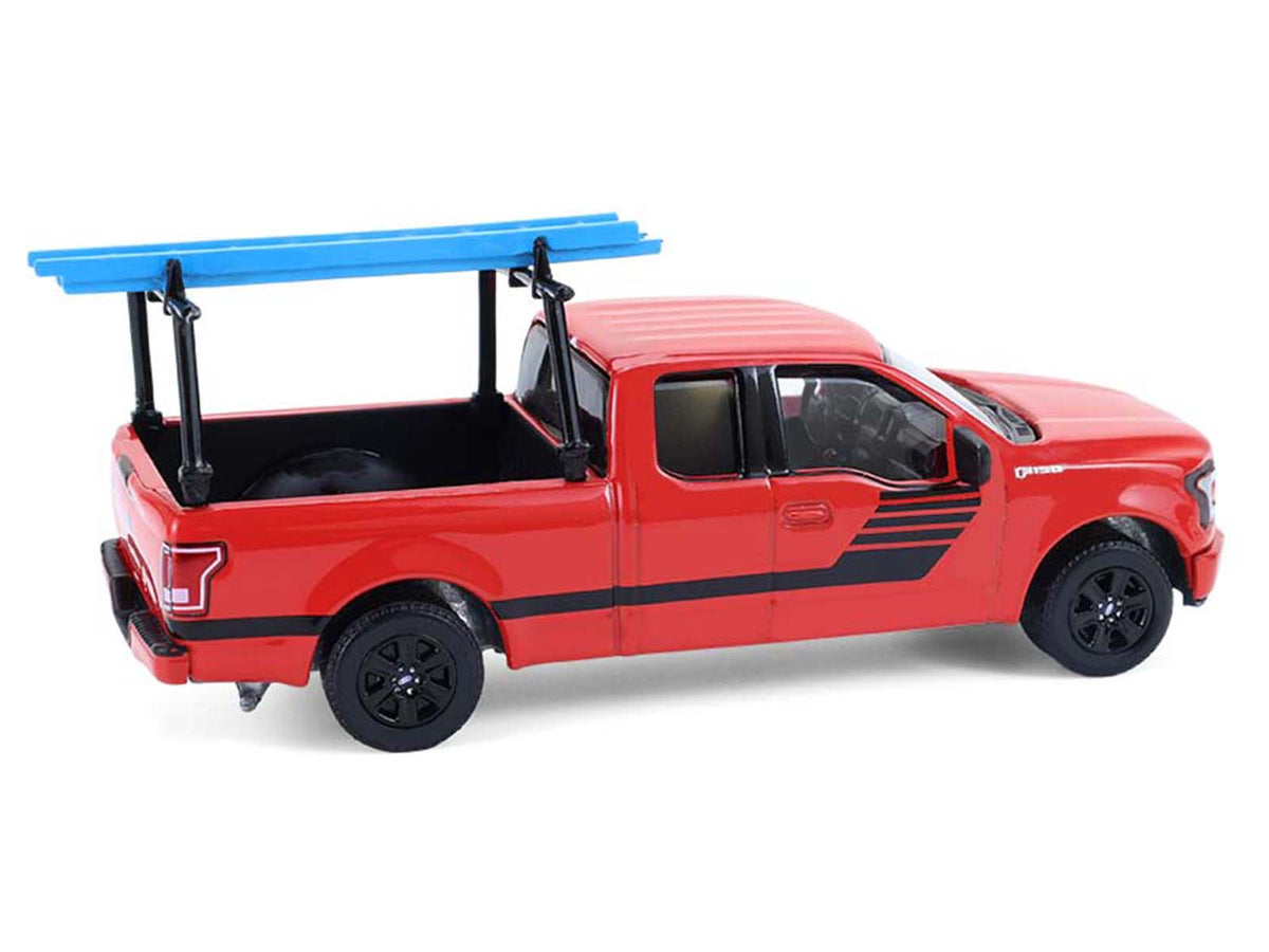 2015 Ford F-150 Pickup Truck with Ladder Rack Red with Black Stripes 'Down on the Farm' Series 11 1/64 Diecast Model by Greenlight