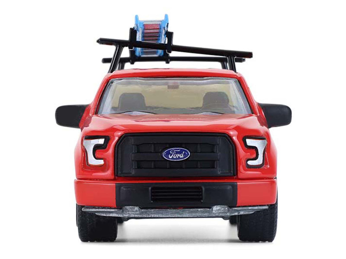 2015 Ford F-150 Pickup Truck with Ladder Rack Red with Black Stripes 'Down on the Farm' Series 11 1/64 Diecast Model by Greenlight
