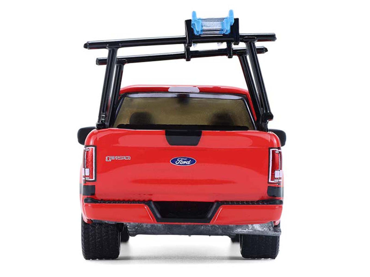 2015 Ford F-150 Pickup Truck with Ladder Rack Red with Black Stripes 'Down on the Farm' Series 11 1/64 Diecast Model by Greenlight