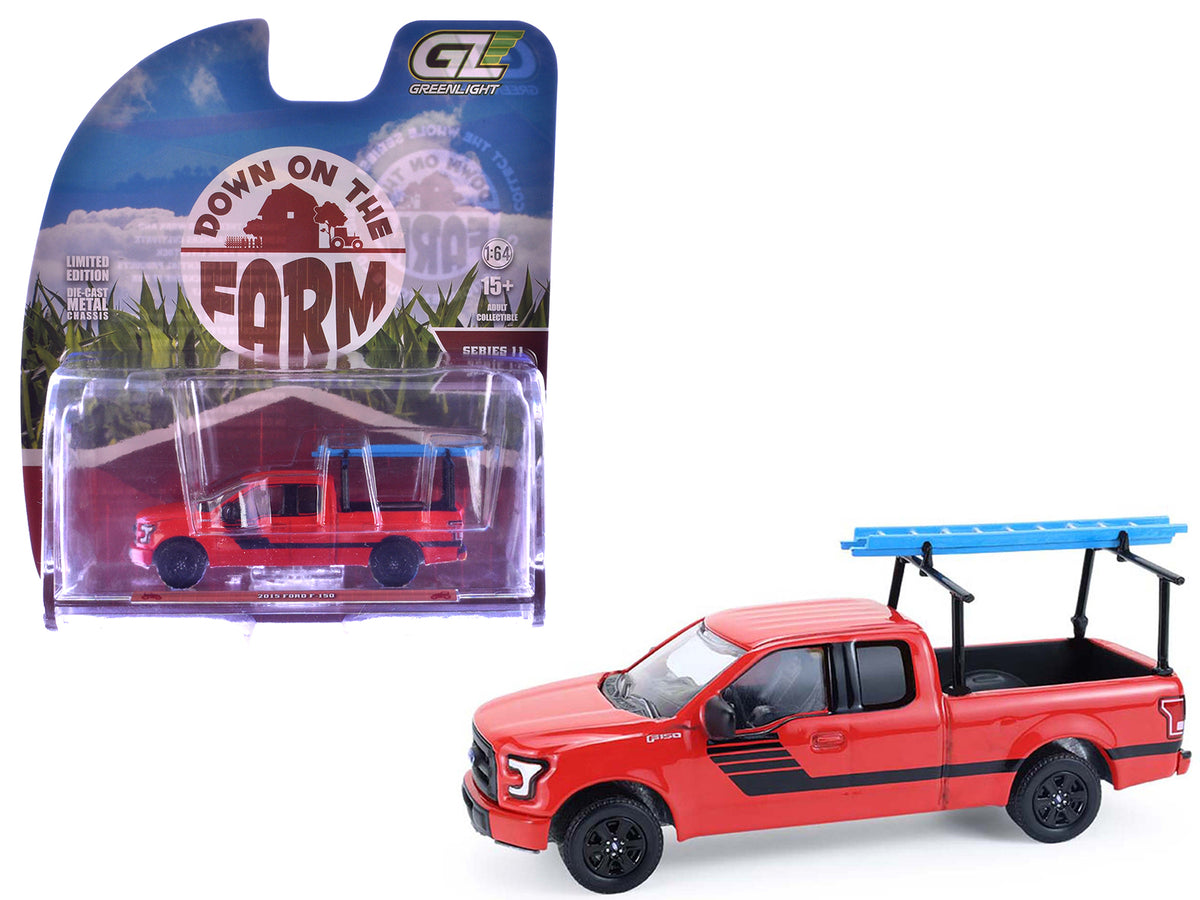 2015 Ford F-150 Pickup Truck with Ladder Rack Red with Black Stripes 'Down on the Farm' Series 11 1/64 Diecast Model by Greenlight