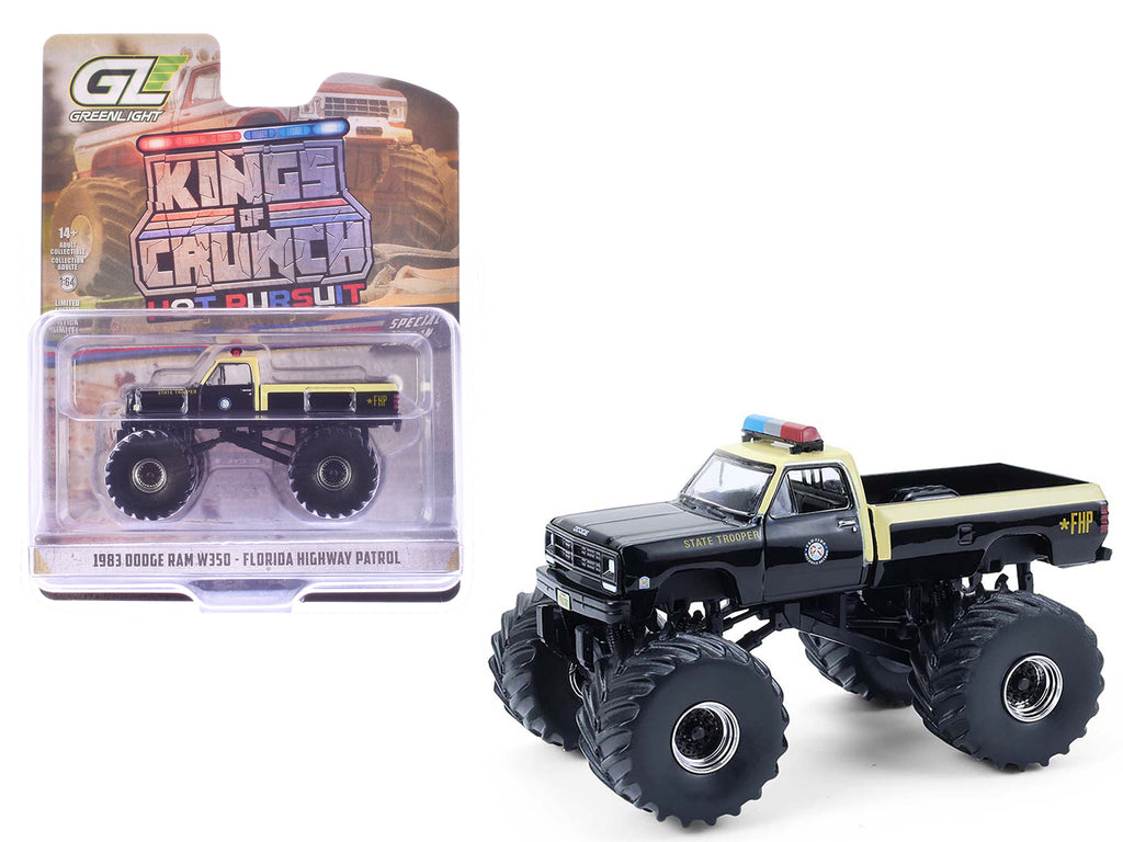 1983 Dodge Ram W350 Monster Truck 'Florida Highway Patrol' Black with Cream Top and Stripes 'Kings of Crunch - Hot Pursuit' Special Edition 1/64 Diecast Model Car by Greenlight