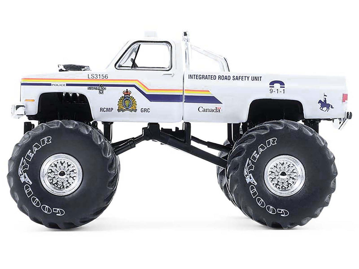 1986 Chevrolet Silverado Monster Truck 'Royal Canadian Mounted Police' White with Stripes 'Kings of Crunch - Hot Pursuit' Special Edition 1/64 Diecast Model Car by Greenlight