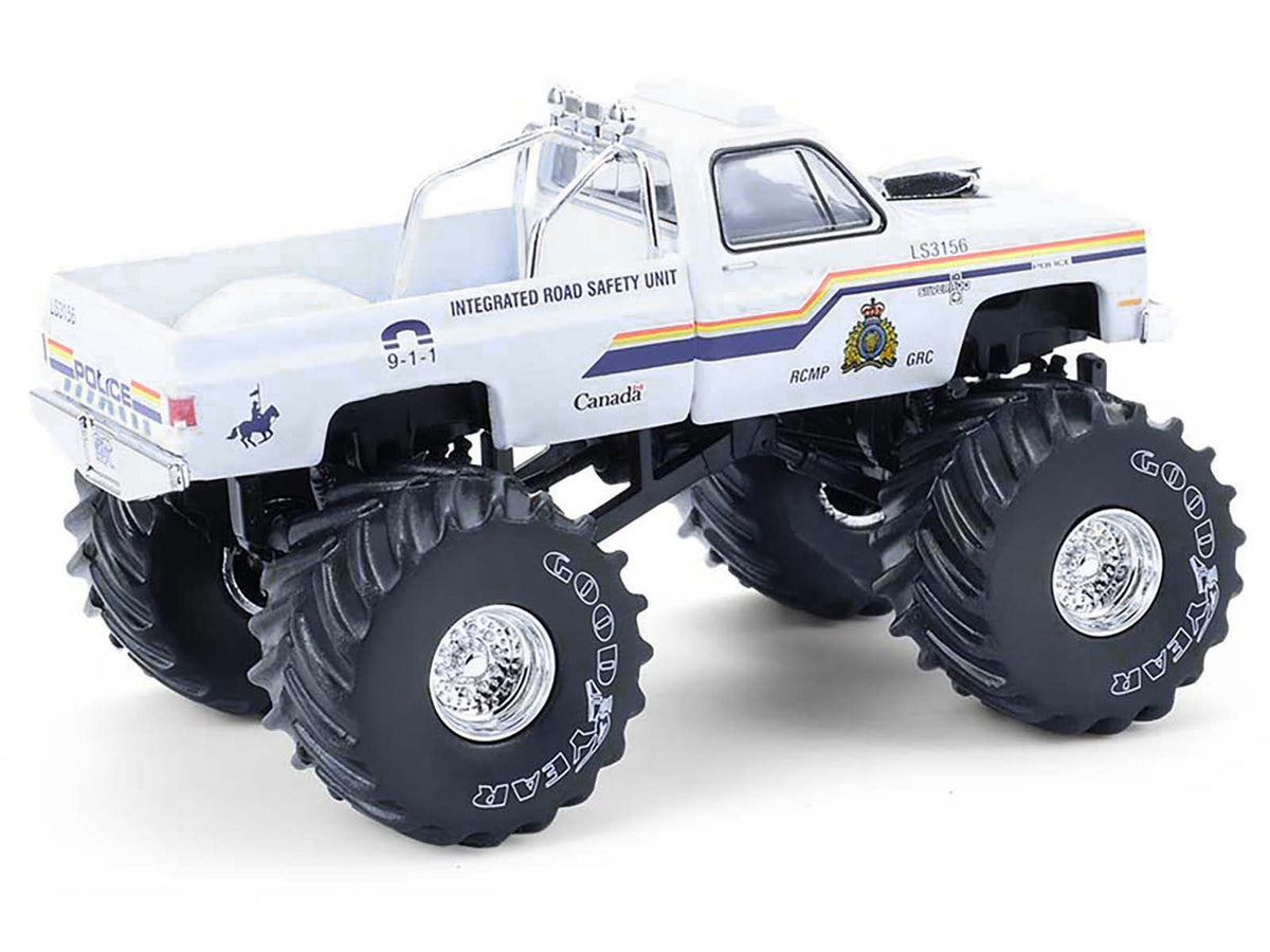 1986 Chevrolet Silverado Monster Truck 'Royal Canadian Mounted Police' White with Stripes 'Kings of Crunch - Hot Pursuit' Special Edition 1/64 Diecast Model Car by Greenlight