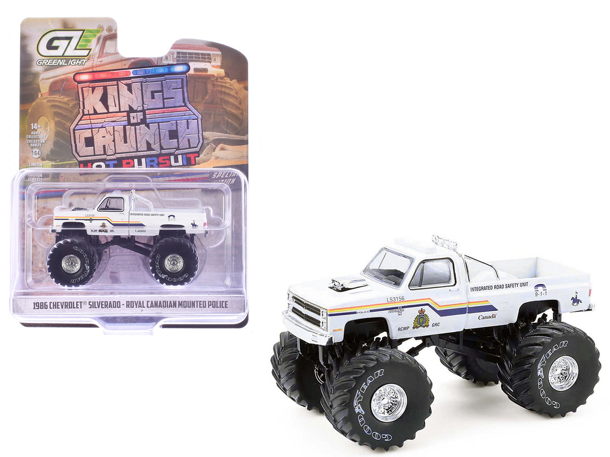 1986 Chevrolet Silverado Monster Truck 'Royal Canadian Mounted Police' White with Stripes 'Kings of Crunch - Hot Pursuit' Special Edition 1/64 Diecast Model Car by Greenlight