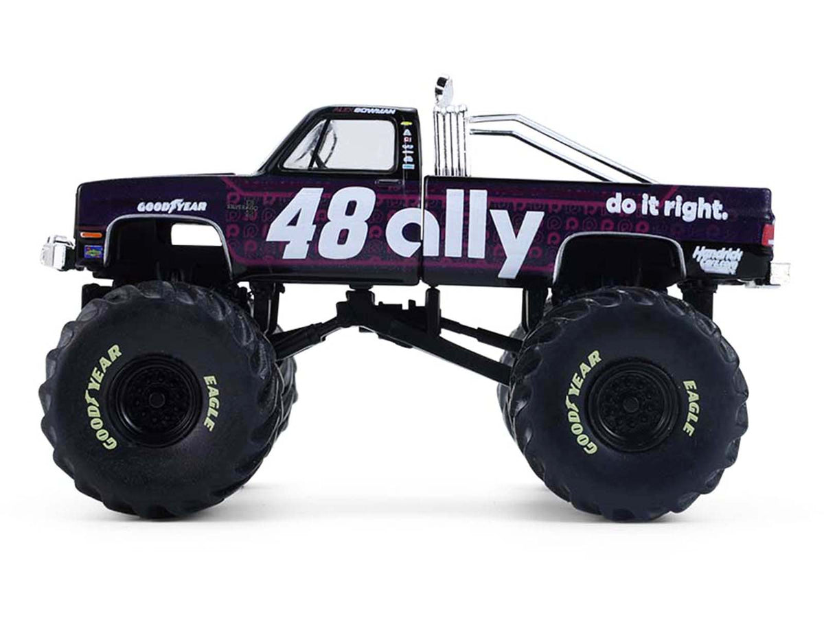 1984 Chevrolet Silverado Monster Truck #48 'Ally' Black and Purple with Graphics 'Kings of Crunch - Hendrick Motorsports Tribute' Special Edition 1/64 Diecast Model Car by Greenlight