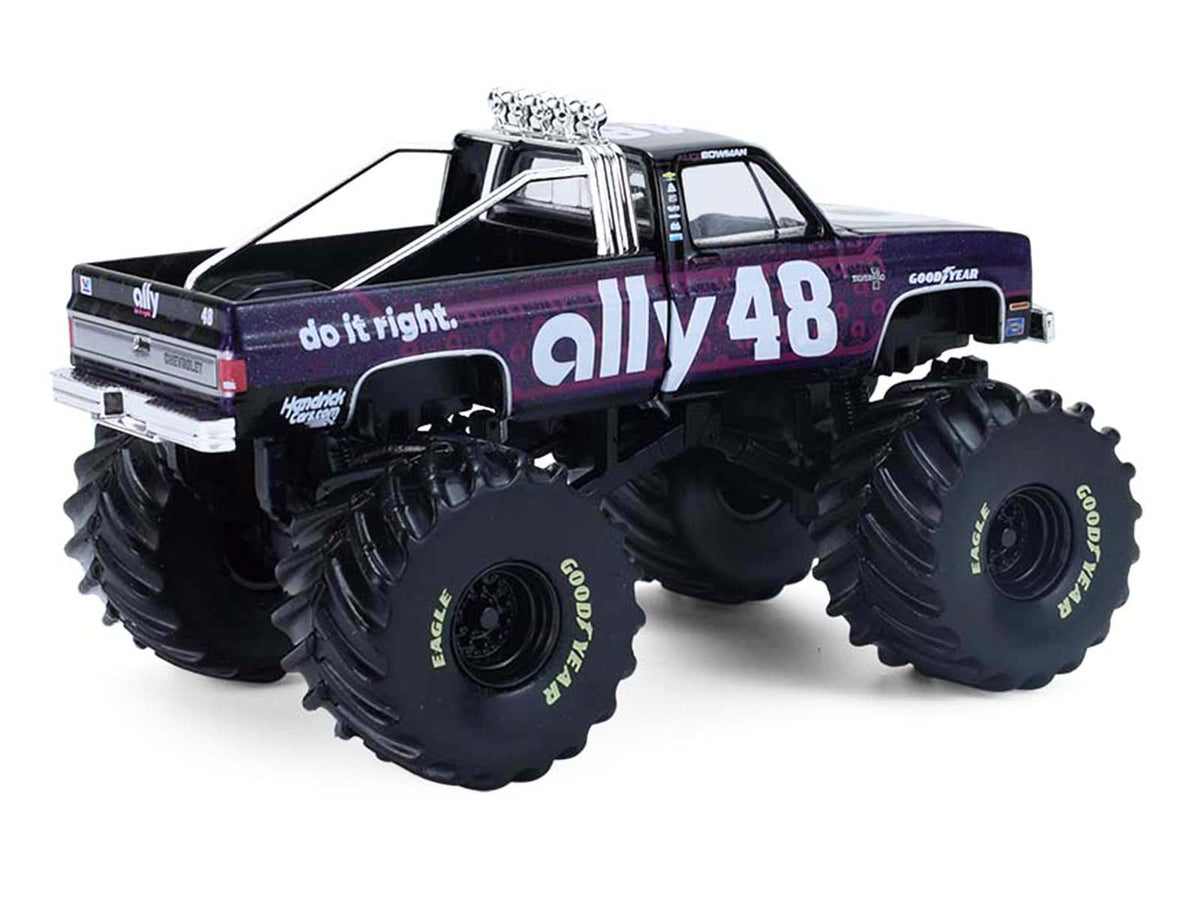 1984 Chevrolet Silverado Monster Truck #48 'Ally' Black and Purple with Graphics 'Kings of Crunch - Hendrick Motorsports Tribute' Special Edition 1/64 Diecast Model Car by Greenlight