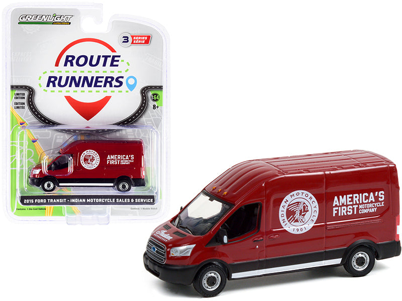 2015 Ford Transit LWB High Roof Van Burgundy 'Indian Motorcycle Sales & Service' 'Route Runners' Series 3 1/64 Diecast Model by Greenlight