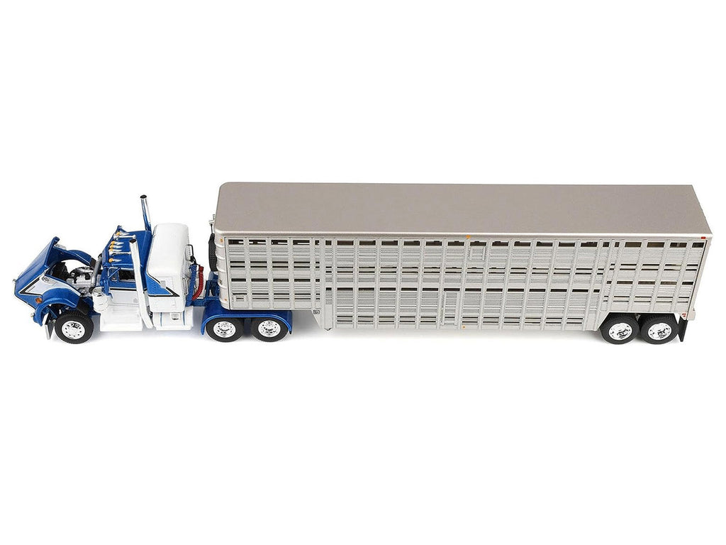 Kenworth W900A with 36' Sleeper and 45' Wilson Vintage Livestock Trailer Mariner Blue and White with Silver Trailer 1/64 Diecast Model by DCP/First Gear