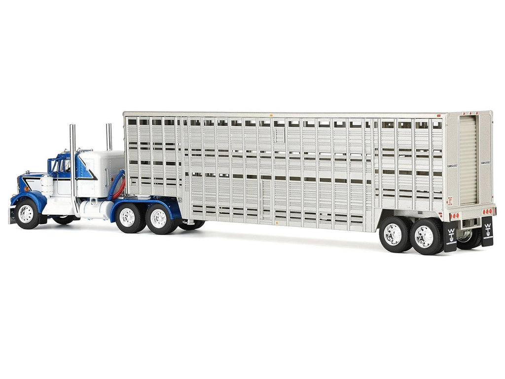 Kenworth W900A with 36' Sleeper and 45' Wilson Vintage Livestock Trailer Mariner Blue and White with Silver Trailer 1/64 Diecast Model by DCP/First Gear