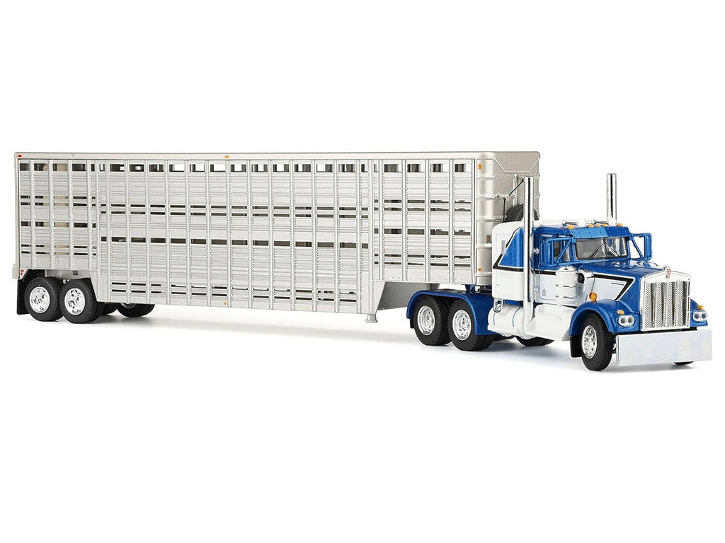 Kenworth W900A with 36' Sleeper and 45' Wilson Vintage Livestock Trailer Mariner Blue and White with Silver Trailer 1/64 Diecast Model by DCP/First Gear