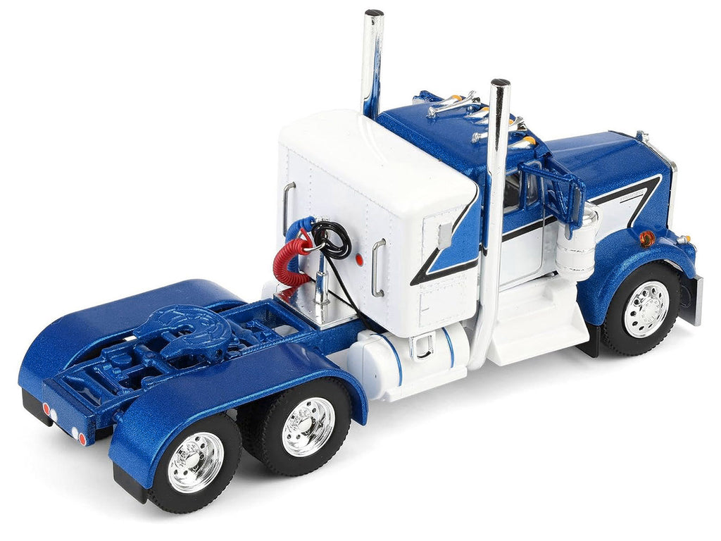 Kenworth W900A with 36' Sleeper and 45' Wilson Vintage Livestock Trailer Mariner Blue and White with Silver Trailer 1/64 Diecast Model by DCP/First Gear