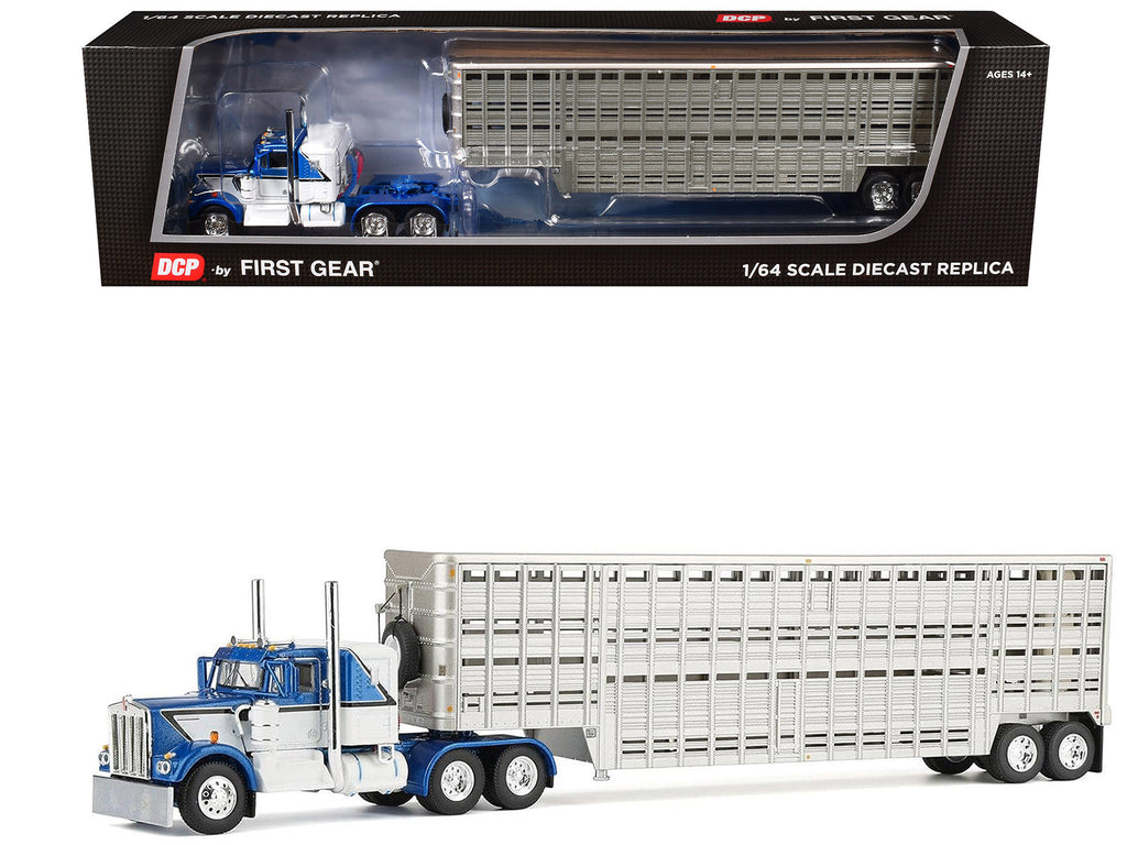 Kenworth W900A with 36' Sleeper and 45' Wilson Vintage Livestock Trailer Mariner Blue and White with Silver Trailer 1/64 Diecast Model by DCP/First Gear