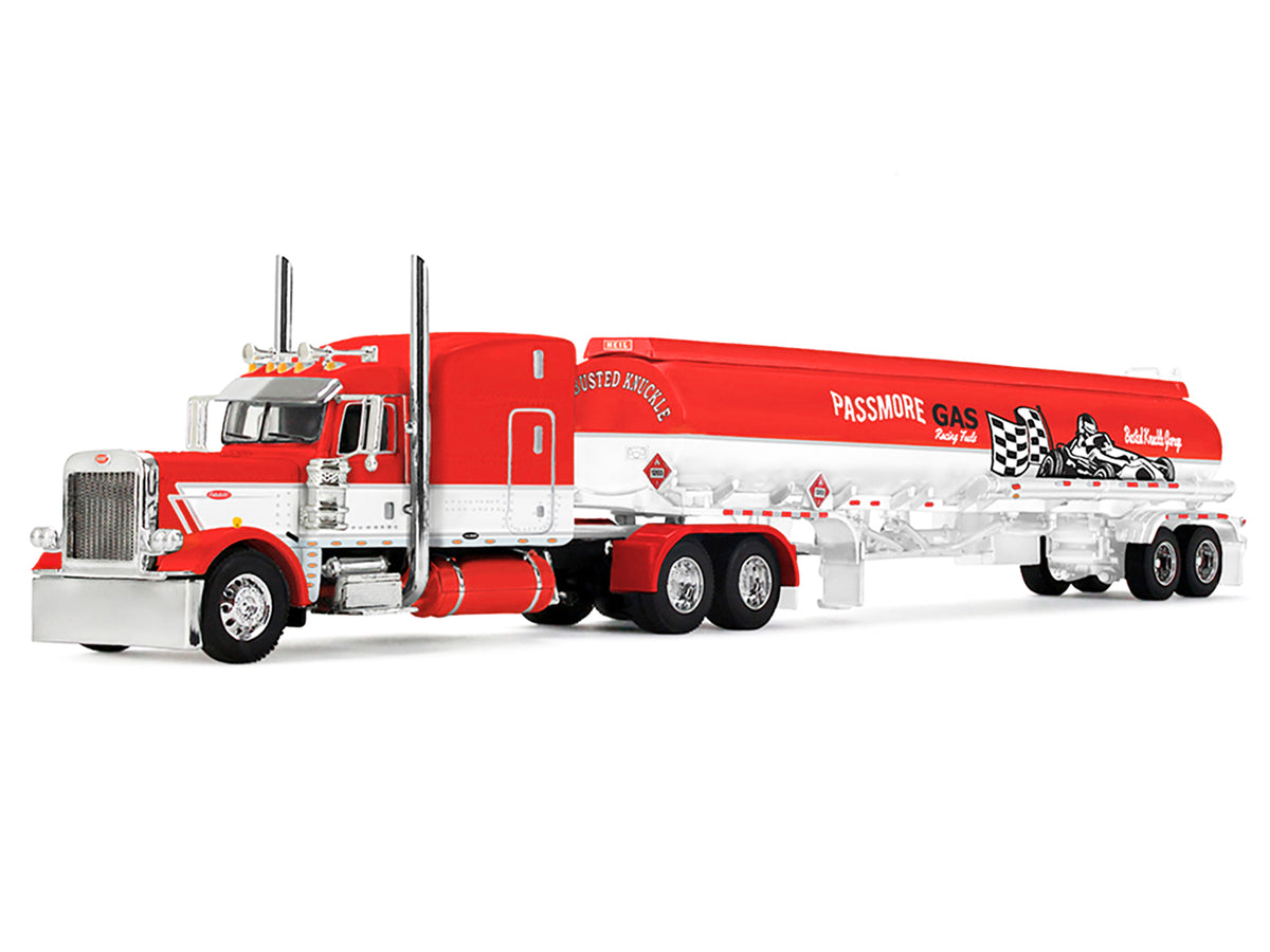 Peterbilt 389 with 63' Mid-Roof Sleeper and Heil Fuel Tank Trailer 'Busted Knuckle Garage' Red and White 1/64 Diecast Model by DCP/First Gear