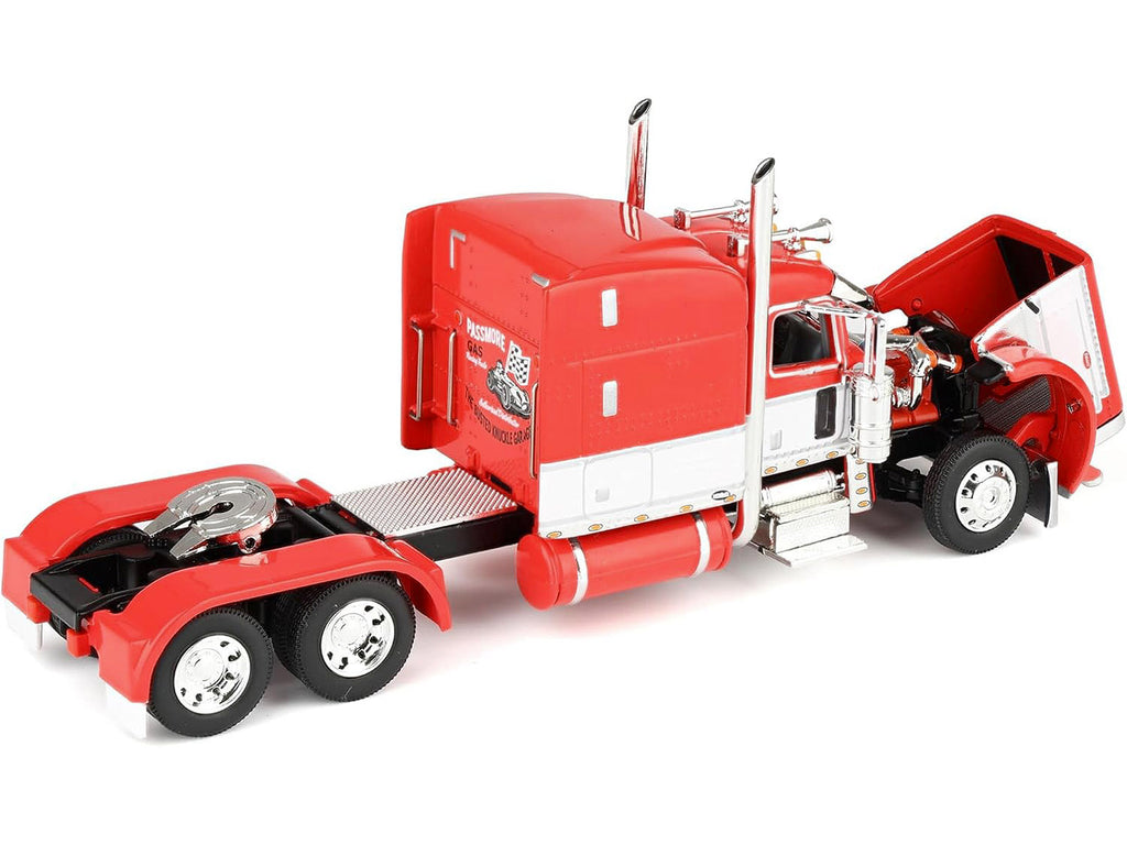 Peterbilt 389 with 63' Mid-Roof Sleeper and Heil Fuel Tank Trailer 'Busted Knuckle Garage' Red and White 1/64 Diecast Model by DCP/First Gear