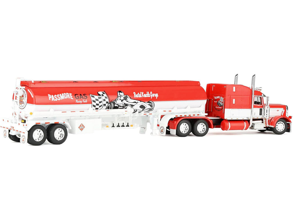 Peterbilt 389 with 63' Mid-Roof Sleeper and Heil Fuel Tank Trailer 'Busted Knuckle Garage' Red and White 1/64 Diecast Model by DCP/First Gear