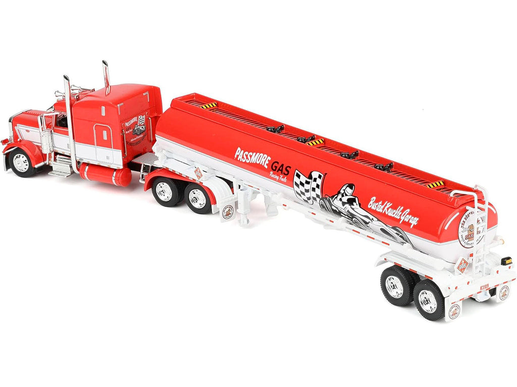 Peterbilt 389 with 63' Mid-Roof Sleeper and Heil Fuel Tank Trailer 'Busted Knuckle Garage' Red and White 1/64 Diecast Model by DCP/First Gear