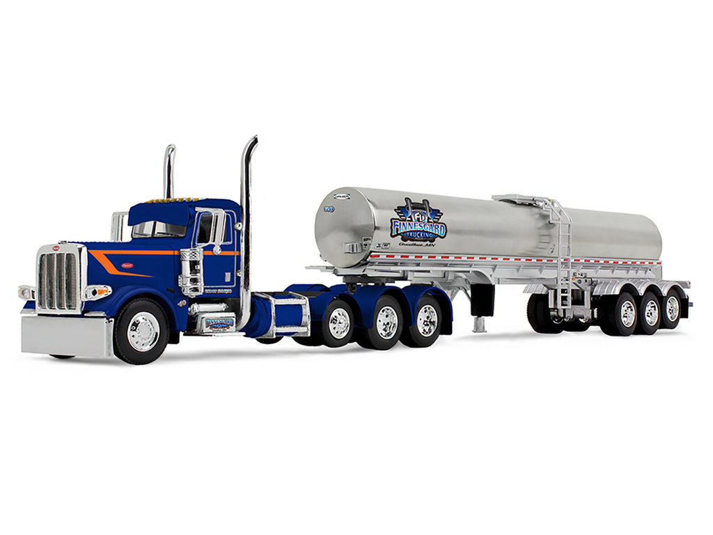 Peterbilt 389 Tri-Axle Day Cab and Walker Food Grade Tank Trailer 'Finnesgard Trucking' Blue with Orange Stripes 1/64 Diecast Model by DCP/First Gear
