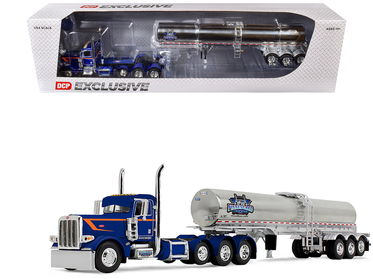 Peterbilt 389 Tri-Axle Day Cab and Walker Food Grade Tank Trailer 'Finnesgard Trucking' Blue with Orange Stripes 1/64 Diecast Model by DCP/First Gear