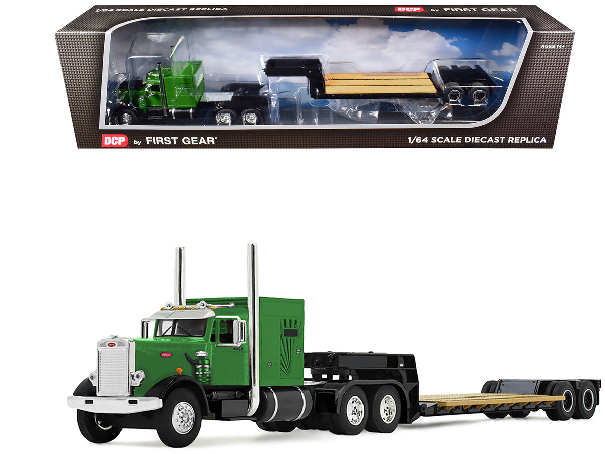 Peterbilt 351 with 60' Vintage Sleeper and Rogers Vintage Lowboy Trailer Green with Black Trailer 1/64 Diecast Model by DCP/First Gear