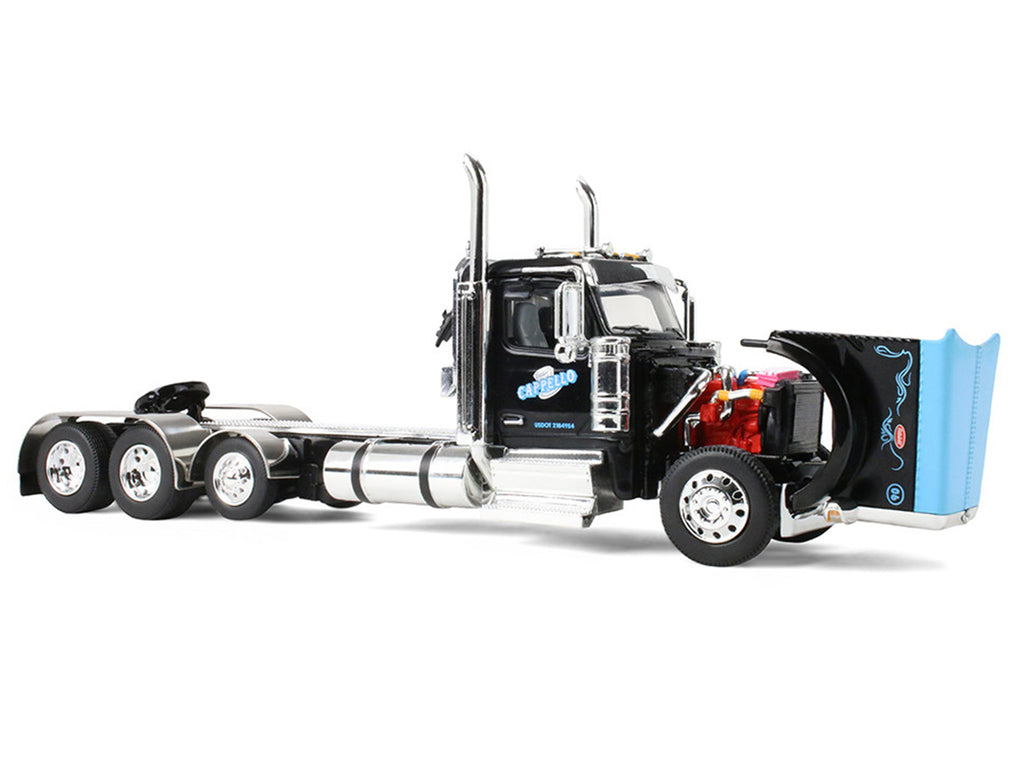 Peterbilt 589 Day Cab and Fontaine Renegade LXT40 Lowboy Trailer with Fliptail 'Cappello Heavy Transport' Black with Light Blue Hood 1/64 Diecast Model by DCP/First Gear
