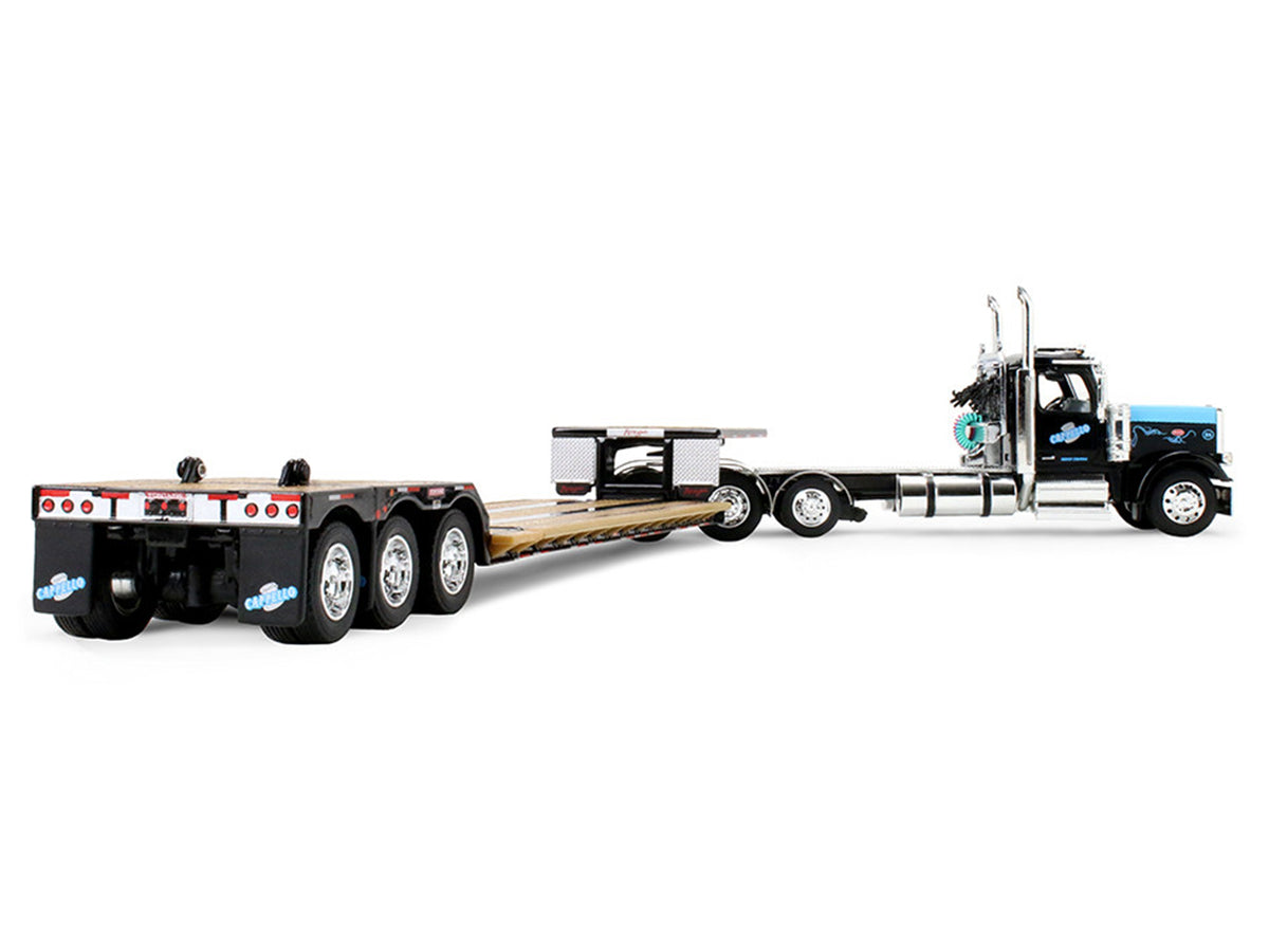 Peterbilt 589 Day Cab and Fontaine Renegade LXT40 Lowboy Trailer with Fliptail 'Cappello Heavy Transport' Black with Light Blue Hood 1/64 Diecast Model by DCP/First Gear