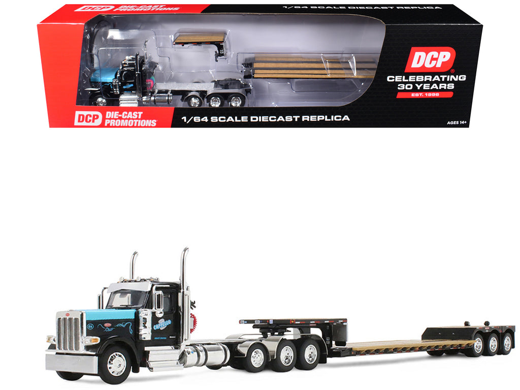 Peterbilt 589 Day Cab and Fontaine Renegade LXT40 Lowboy Trailer with Fliptail 'Cappello Heavy Transport' Black with Light Blue Hood 1/64 Diecast Model by DCP/First Gear