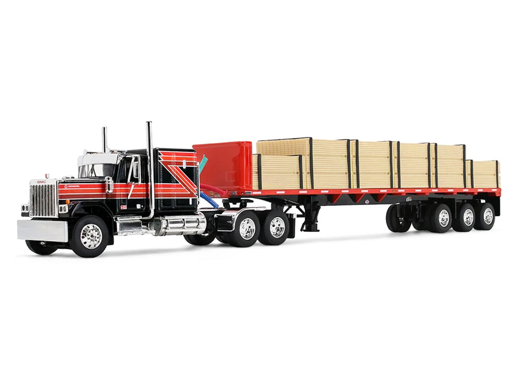 GMC General with 60' Flat Top Sleeper & 48' Utility Flatbed Trailer with Lumber Load Black with Red Stripes 1/64 Diecast Model by First Gear