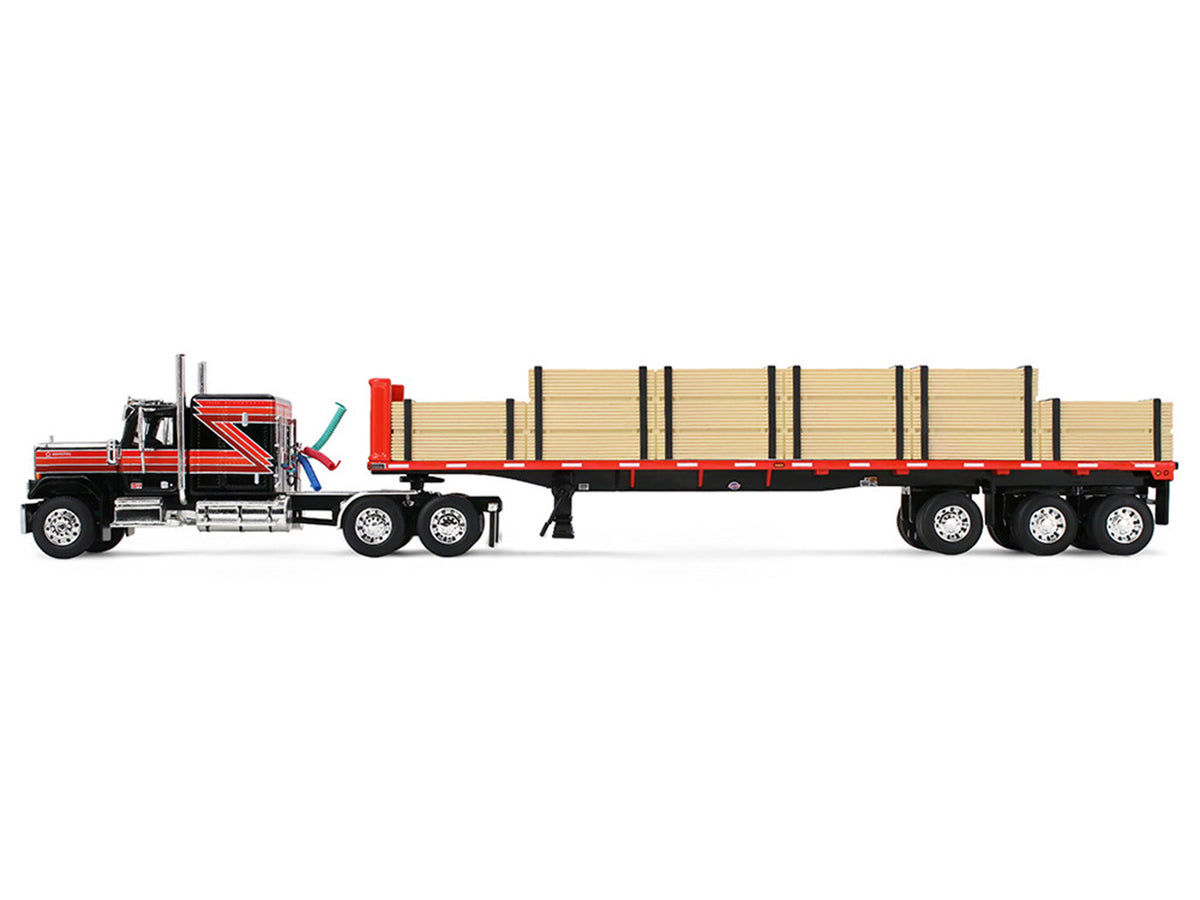 GMC General with 60' Flat Top Sleeper & 48' Utility Flatbed Trailer with Lumber Load Black with Red Stripes 1/64 Diecast Model by First Gear