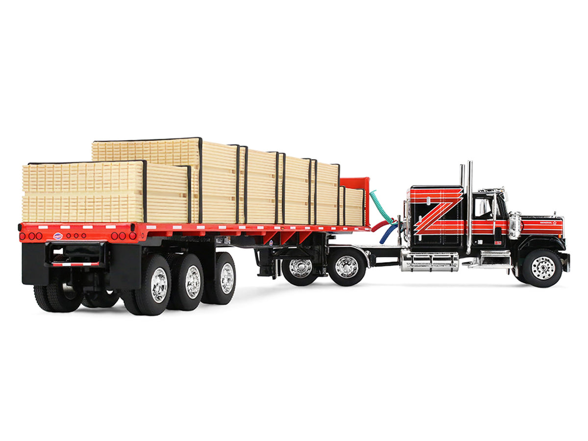 GMC General with 60' Flat Top Sleeper & 48' Utility Flatbed Trailer with Lumber Load Black with Red Stripes 1/64 Diecast Model by First Gear