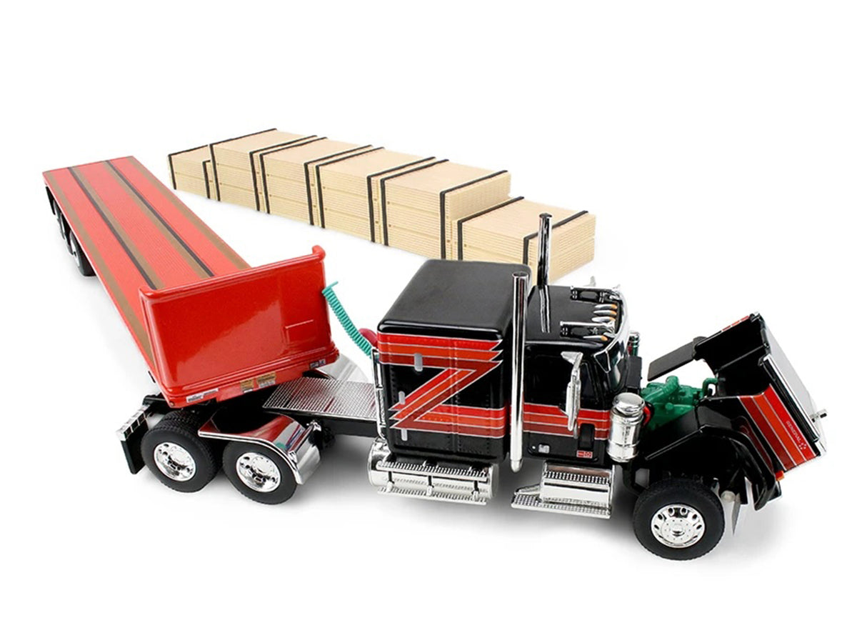 GMC General with 60' Flat Top Sleeper & 48' Utility Flatbed Trailer with Lumber Load Black with Red Stripes 1/64 Diecast Model by First Gear