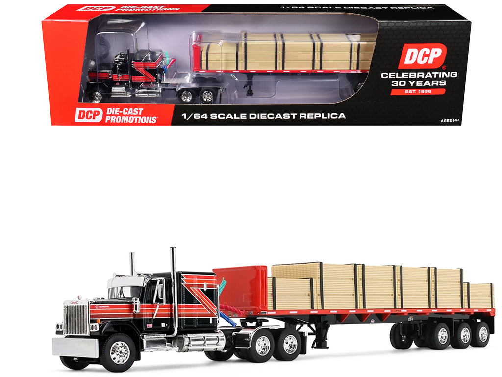 GMC General with 60' Flat Top Sleeper & 48' Utility Flatbed Trailer with Lumber Load Black with Red Stripes 1/64 Diecast Model by First Gear