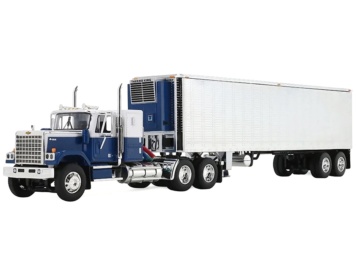 Chevrolet Bison with 34' Flat Top Sleeper & 40' Vintage Trailer with Reefer Blue and White 1/64 Diecast Model by DCP/First Gear