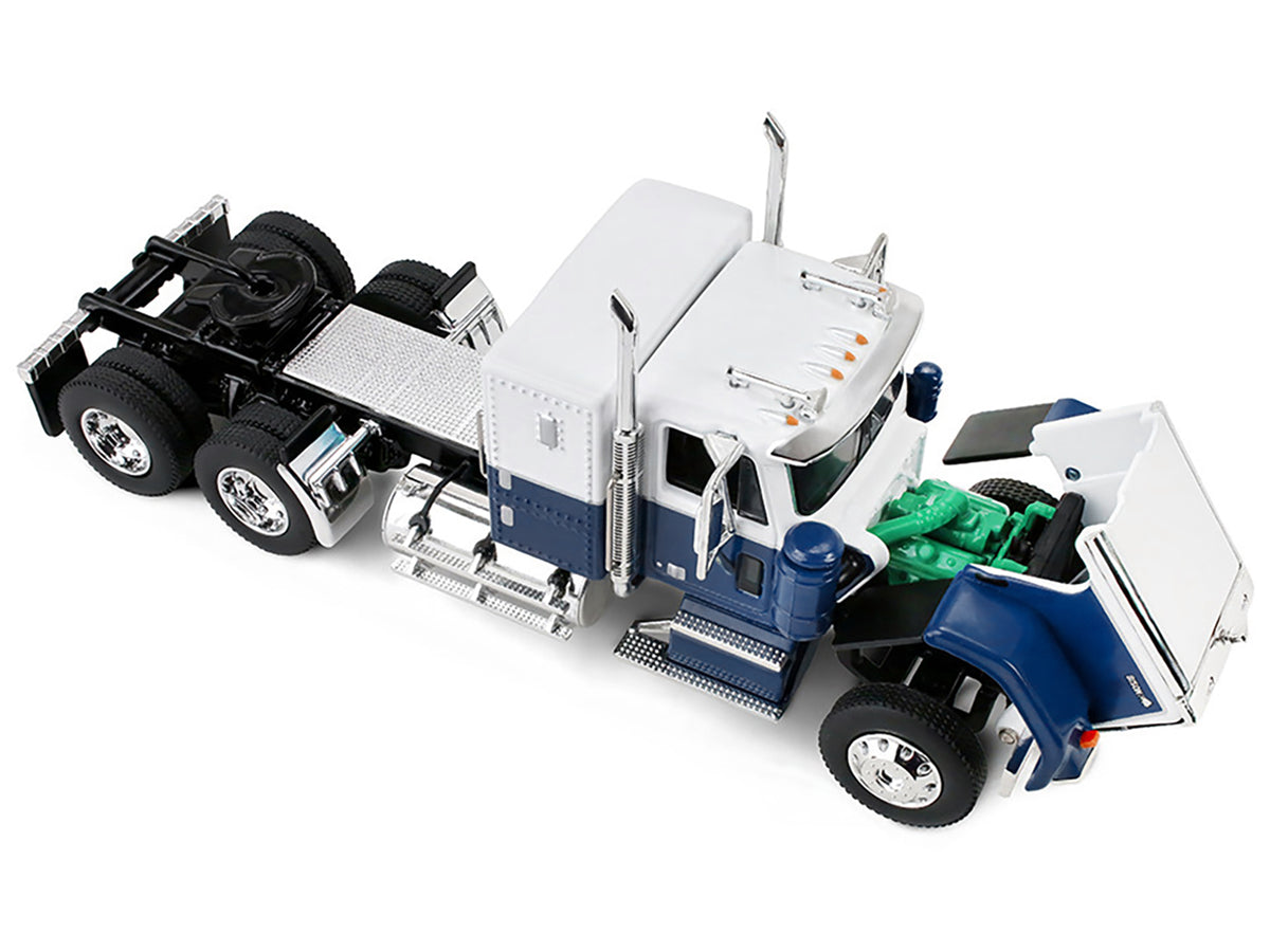 Chevrolet Bison with 34' Flat Top Sleeper & 40' Vintage Trailer with Reefer Blue and White 1/64 Diecast Model by DCP/First Gear
