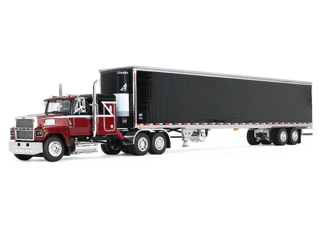 Ford LTL 9000 with 48' Flat Top Sleeper and 53' Utility Trailer with Reefer Volcano Red and Black 1/64 Diecast Model by First Gear