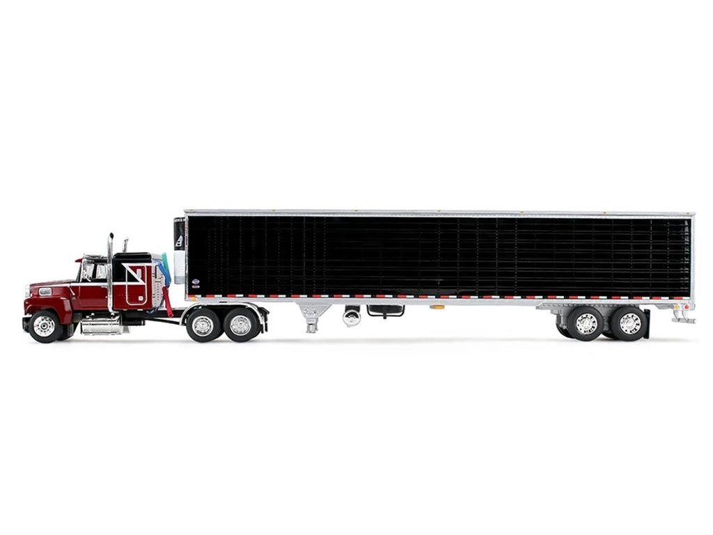 Ford LTL 9000 with 48' Flat Top Sleeper and 53' Utility Trailer with Reefer Volcano Red and Black 1/64 Diecast Model by First Gear