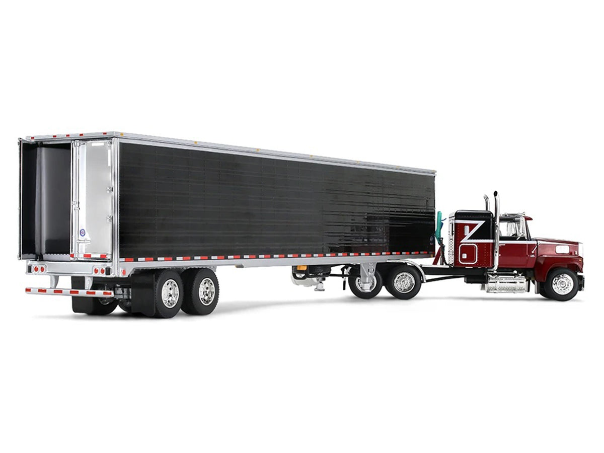 Ford LTL 9000 with 48' Flat Top Sleeper and 53' Utility Trailer with Reefer Volcano Red and Black 1/64 Diecast Model by First Gear