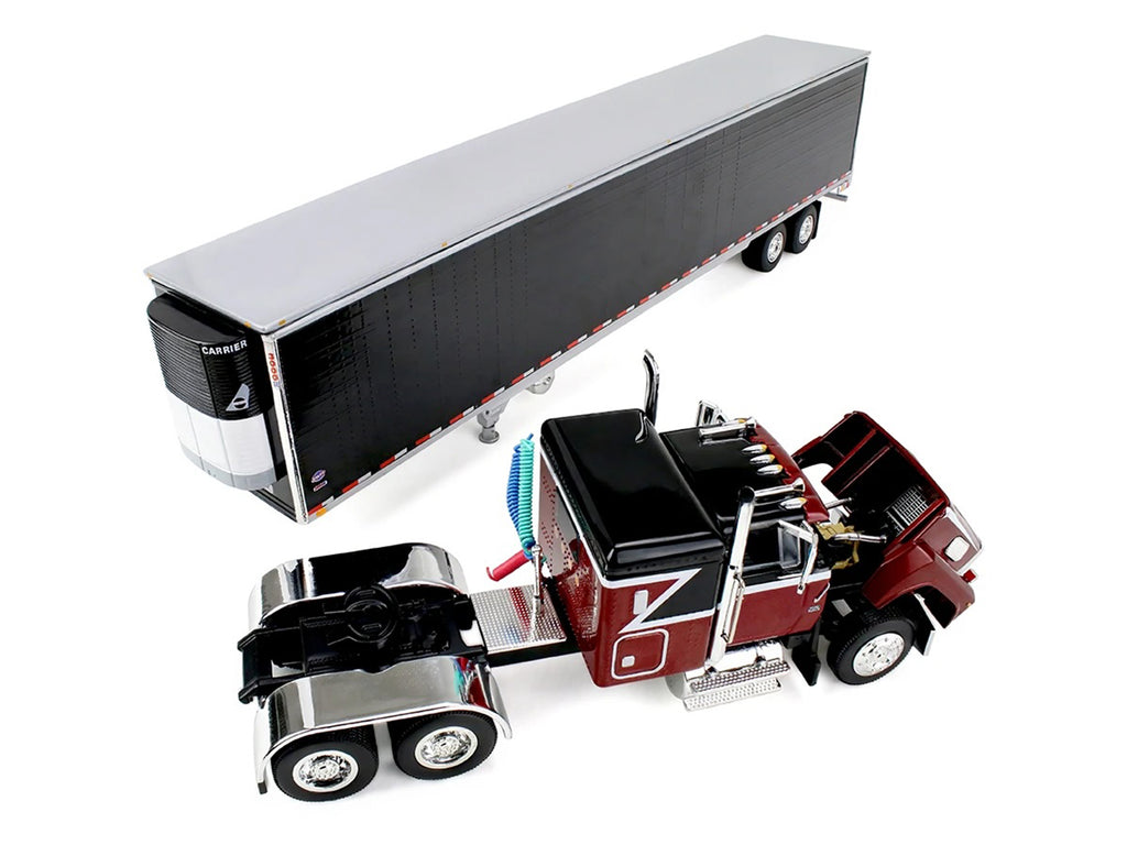 Ford LTL 9000 with 48' Flat Top Sleeper and 53' Utility Trailer with Reefer Volcano Red and Black 1/64 Diecast Model by First Gear