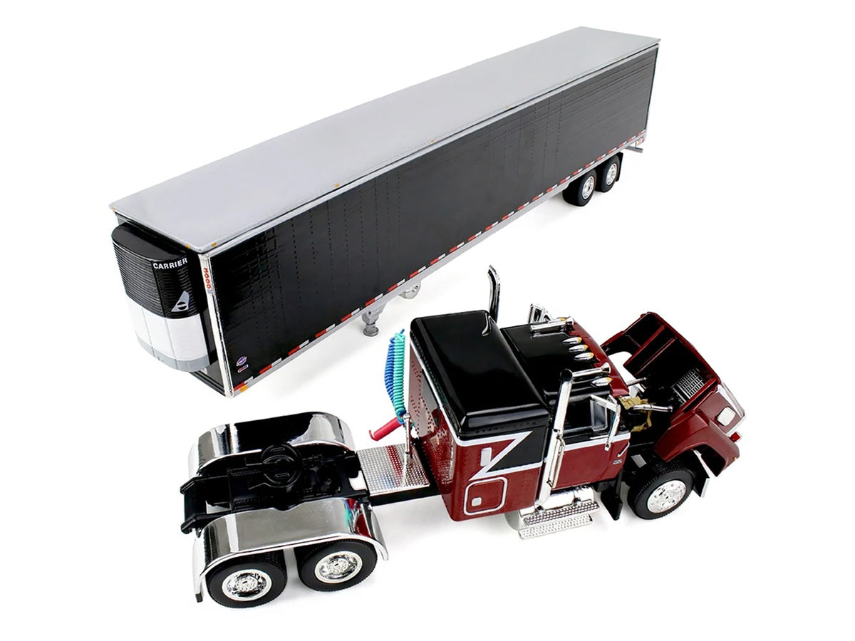 Ford LTL 9000 with 48' Flat Top Sleeper and 53' Utility Trailer with Reefer Volcano Red and Black 1/64 Diecast Model by First Gear