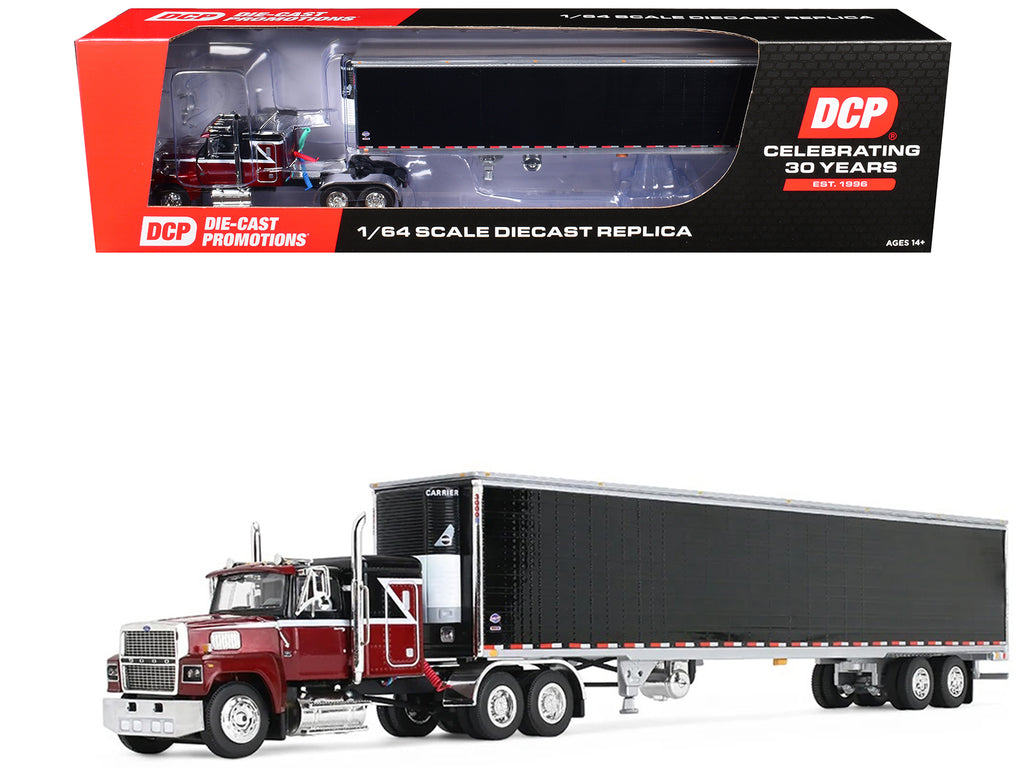 Ford LTL 9000 with 48' Flat Top Sleeper and 53' Utility Trailer with Reefer Volcano Red and Black 1/64 Diecast Model by First Gear