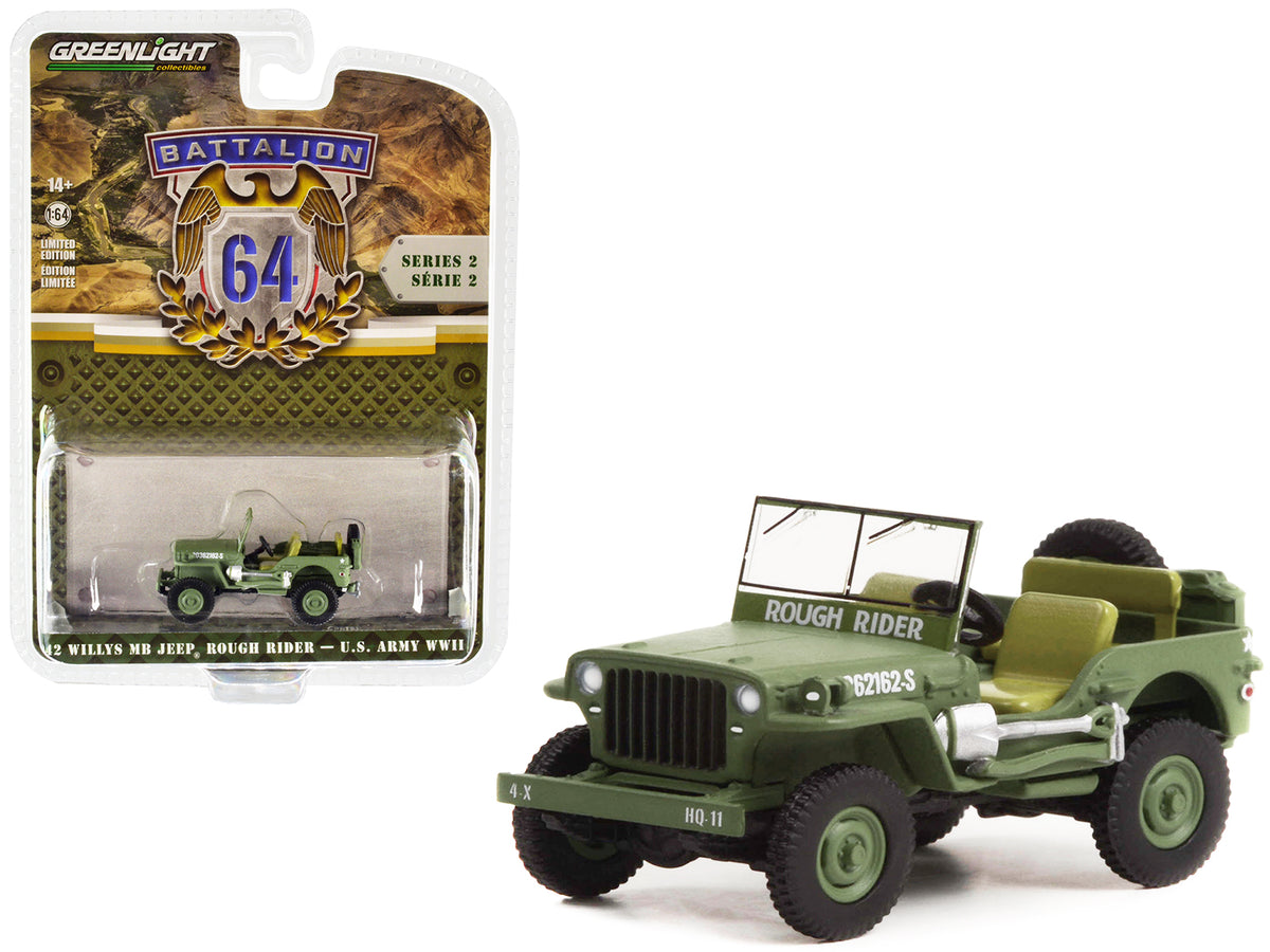 1942 Willys MB Jeep #20362162-S Green 'U.S. Army World War II - Rough Rider' 'Battalion 64' Release 2 1/64 Diecast Model Car by Greenlight