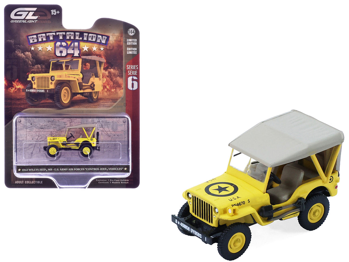 1942 Willys MB Jeep 'Control Jeep - U.S. Army Air Forces' Yellow with Beige Top 'Battalion 64' Series 6 1/64 Diecast Model Car by Greenlight
