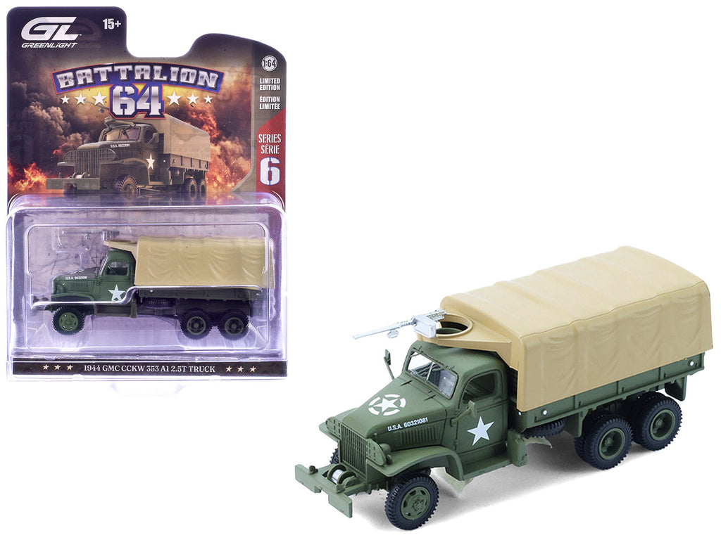 1944 GMC CCKW 353 A1 2.5T Truck 'U.S. Army - WWII' Olive Drab with Tan Top 'Battalion 64' Series 6 1/64 Diecast Model Car by Greenlight