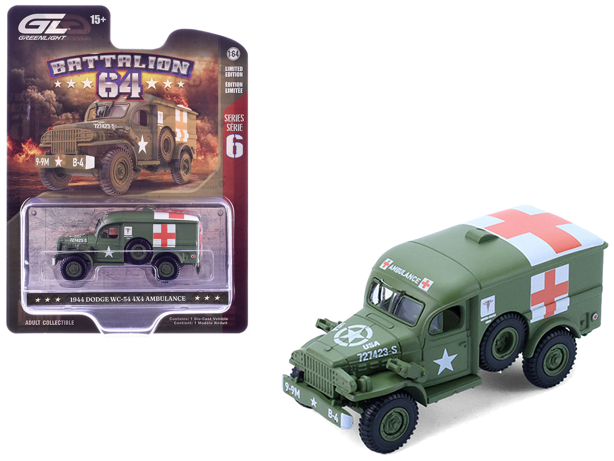 1944 Dodge WC-54 4X4 Ambulance 'U.S. Army - WWII' Green with Graphics 'Battalion 64' Series 6 1/64 Diecast Model Car by Greenlight