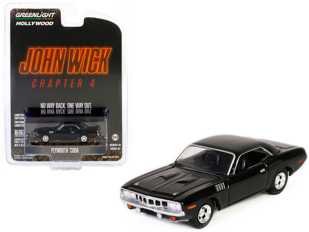 Plymouth Barracuda Black 'John Wick: Chapter 4' (2023) Movie 'Hollywood Series' Release 41 1/64 Diecast Model Car by Greenlight