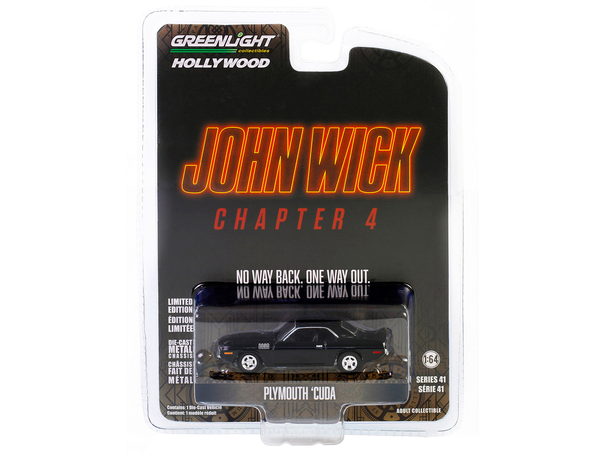Plymouth Barracuda Black 'John Wick: Chapter 4' (2023) Movie 'Hollywood Series' Release 41 1/64 Diecast Model Car by Greenlight